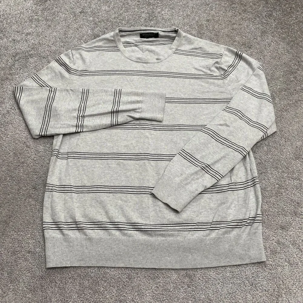 Banana Republic Luxury Blend Pullover Sweater Mens Large Gray Striped Crew Knit